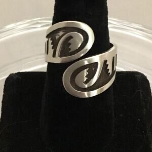 Vintage Hopi Belvin Yuyaheova (BY) Sterling Silver Overlay Bypass Ring Sz 8
